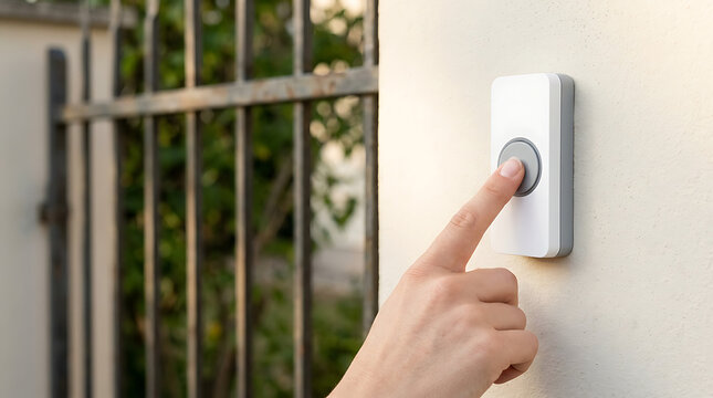 Close up of a human finger pressing a wireless doorbell button on an exterior house wall