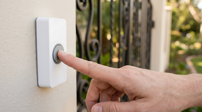 Close-up of a finger pressing a wireless doorbell button on a wall near a gate