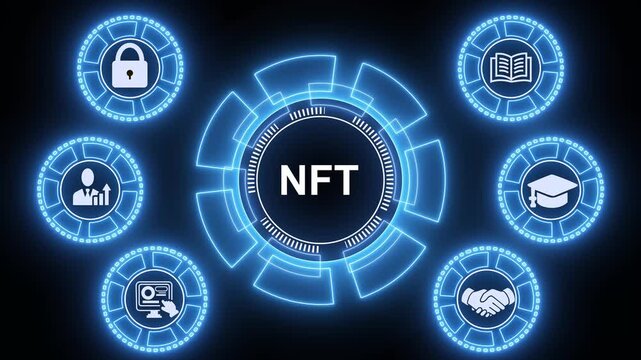 NFT Non-fungible token digital crypto on virtual screen, business insights from large data sets. Animated data analytics banner web icons isolated on transparent background