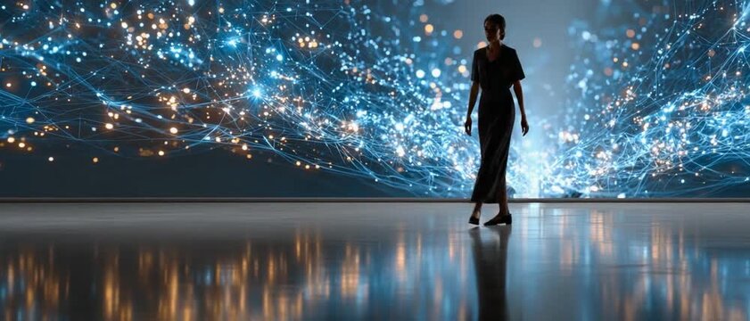 Digital Dreamscape: A lone figure stands in awe before a vast, illuminated digital landscape, a mesmerizing fusion of light and data, representing the boundless possibilities of the future.