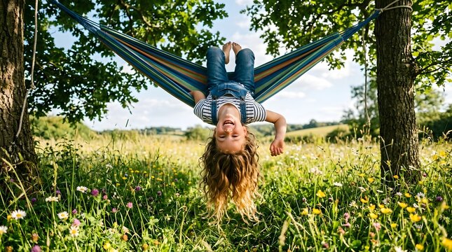 Joyful young child enjoying a carefree upside down swing in a colorful hammock suspended between two lush green trees in a sunlit meadow bursting with wildflowers during a warm summer day