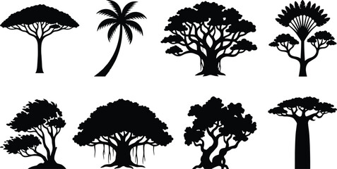 Tropical and safari tree silhouettes vector icon set isolated on white background. © MdMonjurul