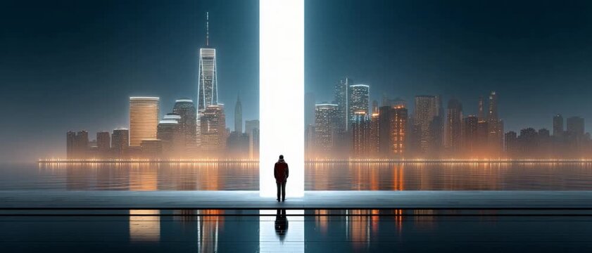 Gateway to the Future: A solitary figure stands at the threshold of a radiant portal, silhouetted against a dazzling cityscape, symbolizing opportunity and new beginnings.