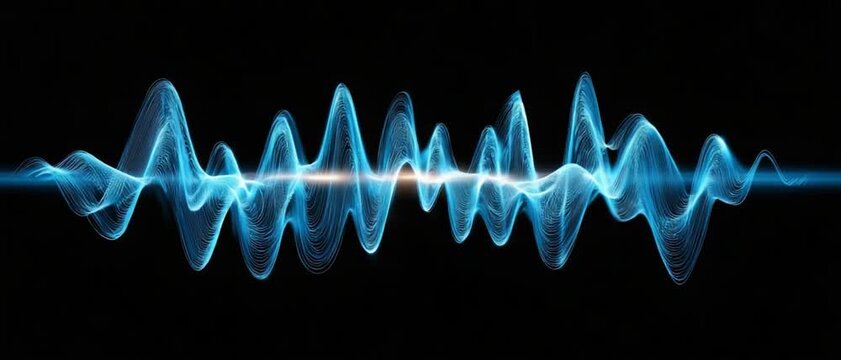 Abstract Sound Wave Visualization: A vibrant blue sound wave oscillates dynamically against a dark background, representing auditory patterns and technological innovation.