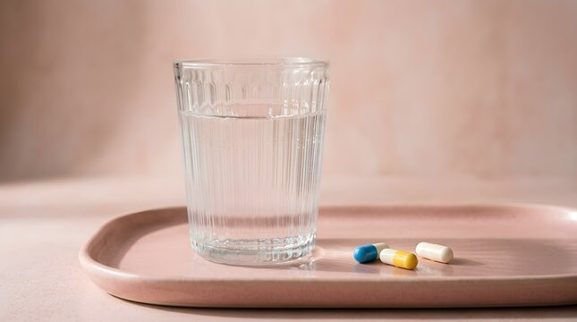 Clear beverage in fluted glassware resting on a pale pink ceramic dish beside assorted medicinal capsules presenting a health and wellness scene