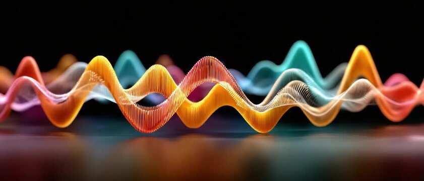 Soundwave Symphony: An abstract visualization of colorful soundwaves, pulsing with vibrant energy, creating a dynamic visual rhythm against a dark background.