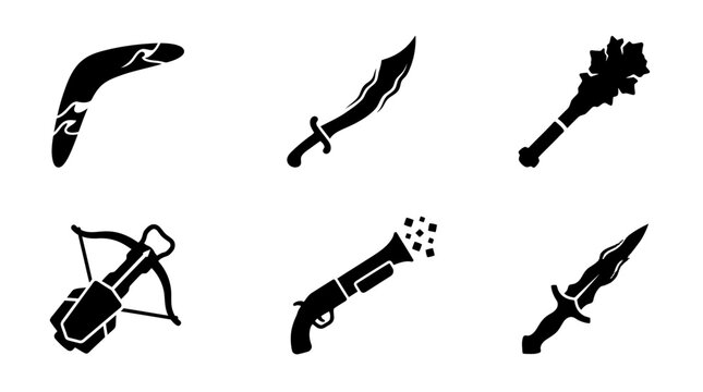 Fantasy Weapons Icons: Boomerang, Saber, Mace, Crossbow, Shotgun, Dagger