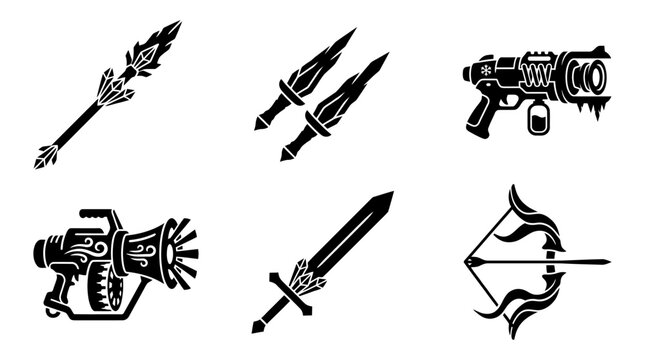 Fantasy Weapon Icons Set: Spear, Daggers, Sci-Fi Gun, Bow