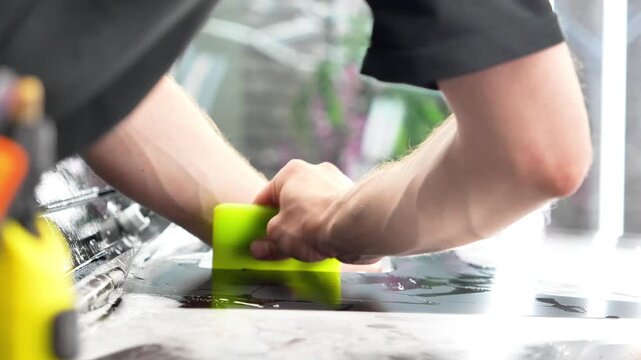 Car wrapping, detailing, tuning and styling. Selective focus. PPF protective film against chips and scratches. A car wrapping specialist applies a polyurethane film to the car. Detailer smoothes PPF. 