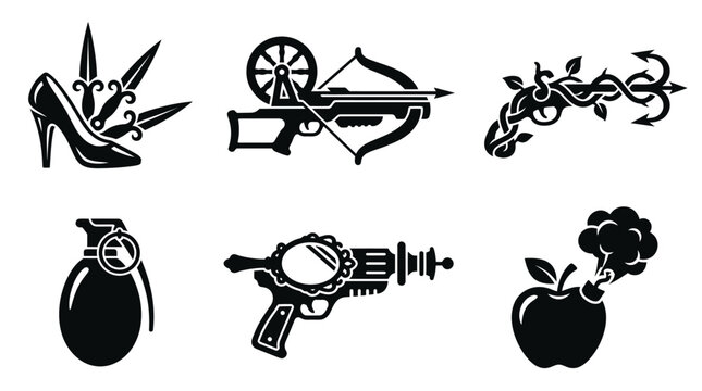 Fantasy Weapons & Symbols: High Heel, Crossbow, Anchor, Grenade, Ray Gun, Apple
