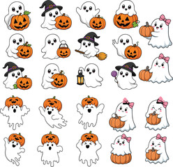 Fototapeta premium Halloween stickers, Cute ghost, Ghost stickers, Pumpkins, Halloween icons
