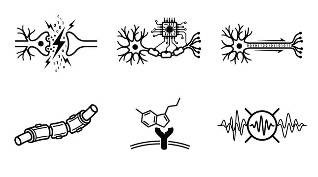 Neural Network Icons: Synapse, Chip, Binary, Myelin, Receptor, Waveform