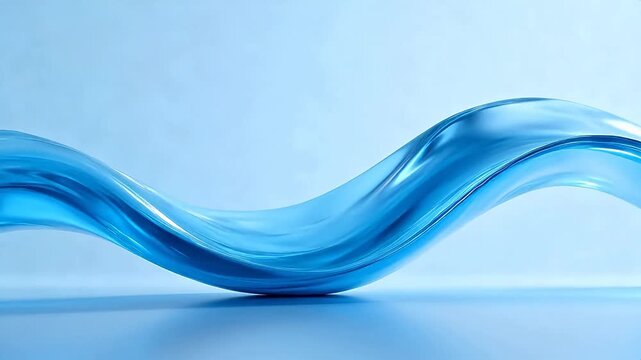 Flowing blue wave shaped object with glossy surface and reflection on light background