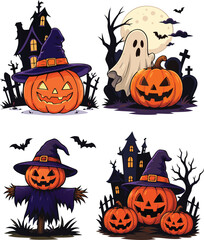 Fototapeta premium Halloween Night Scene with Haunted House and Spooky Pumpkins Vector Illustration