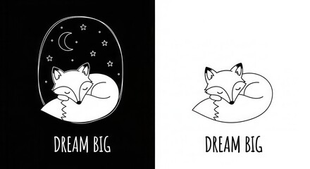 Obraz premium Cute Hand Drawn Sleeping Fox with Moon and Stars, Dream Big Motivational Quote, Minimalist Vector Art