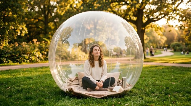 Relaxed young woman enjoying a peaceful moment of contemplation and calm while sitting cross legged inside a transparent sphere amidst lush green outdoor park scenery during a beautiful sunny
