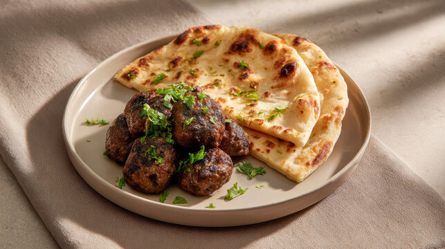 Enjoying chapli kebab served on a clean plate with naan and fresh herbs at lunchtime