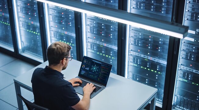 Engineer in data center uses AI technology on laptop for machine learning workloads. Server hub facility employee using artificial intelligence on notebook to perform demanding computing tasks
