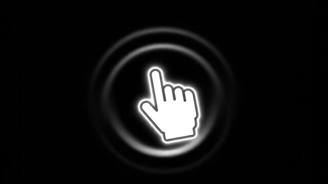 White hand cursor icon on black background