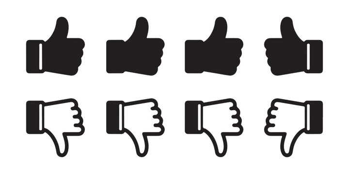Like and dislike hand gesture icons set isolated on checkered background for user interface design.