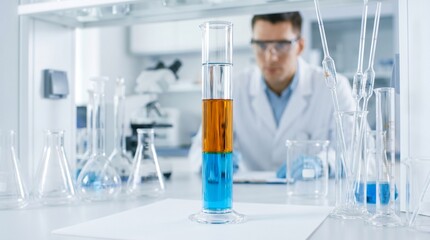 Fototapeta premium Scientist conducting chemical experiment with layered liquids in graduated cylinder