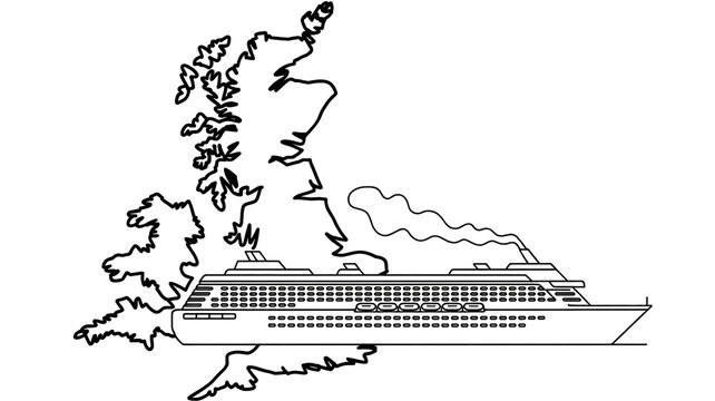Black and white line art illustration of a large cruise ship sailing past an outlined map of Great Britain and Ireland with smoke trailing