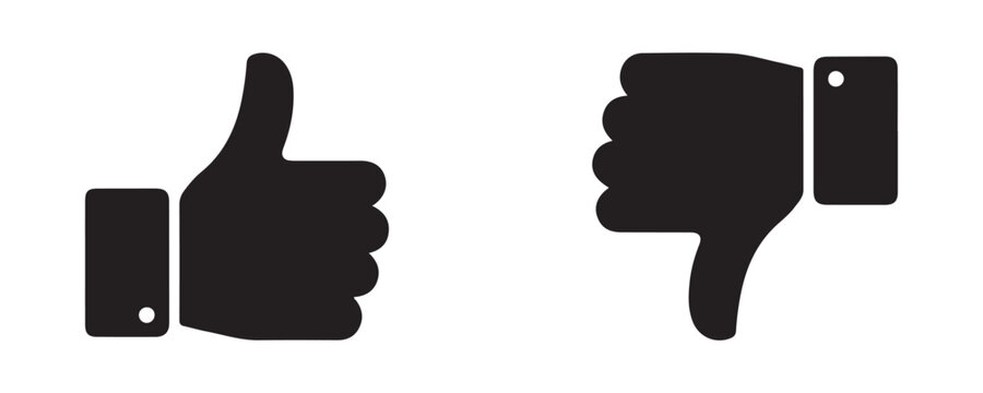 Like and dislike thumbs up and thumbs down hand gesture icons on transparent background for design.