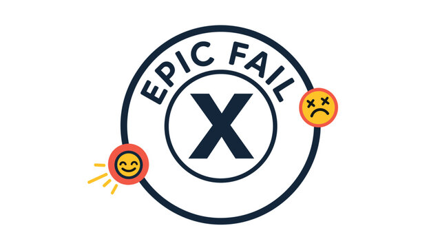Epic fail text in a circular badge with an x mark and emoji faces for internet humor, social media reactions, and playful user feedback.