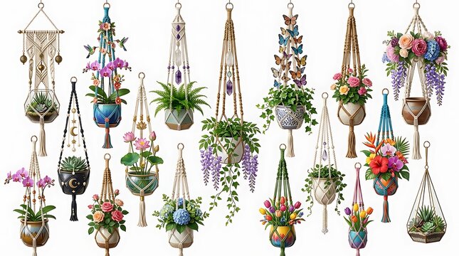 Collection of beautiful macrame plant hangers holding various potted flowers and green plants