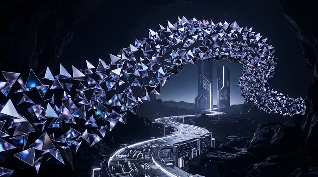 Glowing Digital Tunnel with Flowing Particles in Dark Futuristic Cyber Space