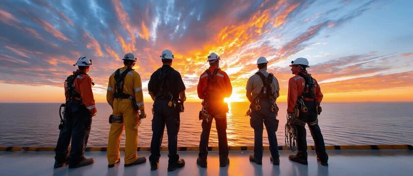 Teamwork at the Horizon: A group of industrial workers, donned in protective gear and hard hats, stand in unison on a platform, gazing at a breathtaking sunset over the vast ocean.