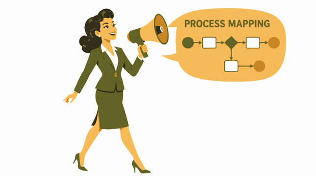 Businesswoman announcing process mapping concept with megaphone.