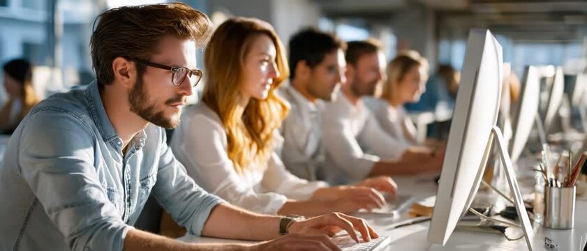 Modern office environment, Diverse team collaboration: A focused group of professionals, diverse in gender and ethnicity, diligently work on their computers in a bright, modern office setting.
