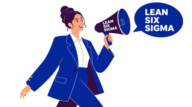 Confident woman in blue suit holding megaphone for announcement.