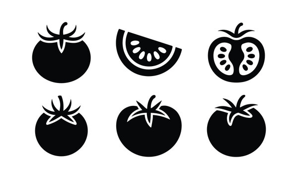Tomato vector icon set. whole tomato, slice, and cut in half simple flat illustration.