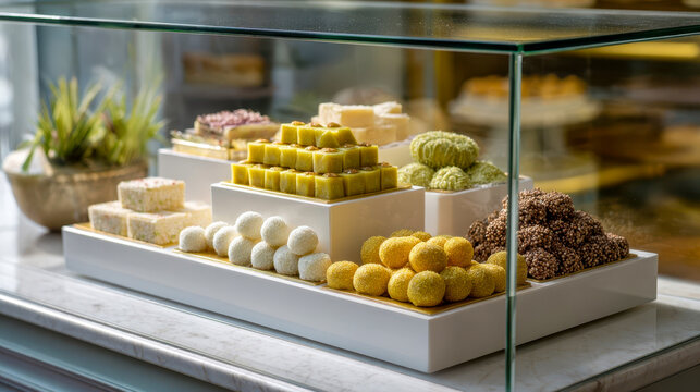 Modern mithai showcase features traditional sweets at a local shop during the afternoon