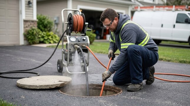 A professional plumber flushes a sewer drain using a high-pressure water jetter inside an open manhole on a residential driveway. The scene highlights essential plumbing maintenance services.