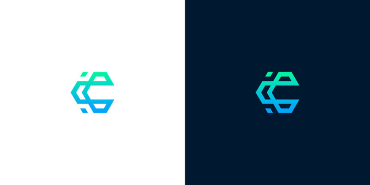 Modern Hexagonal Letter C Geometric Logo Design Featuring Gradient Blue and Green Lines on Split Backgrounds