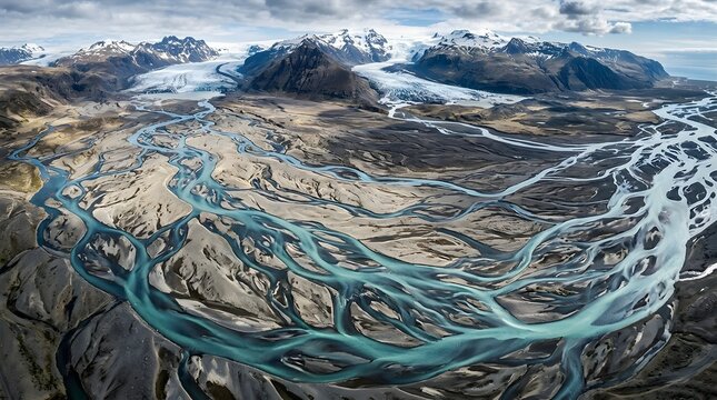 Aerial view of braided river flowing through mountainous landscape under cloudy sky.