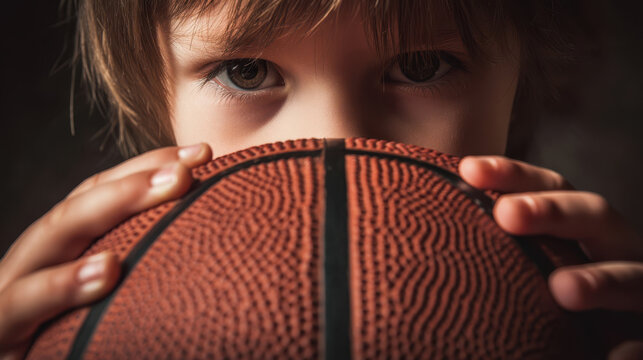Child holds basketball close while looking directly at the viewer in a simple indoor setting