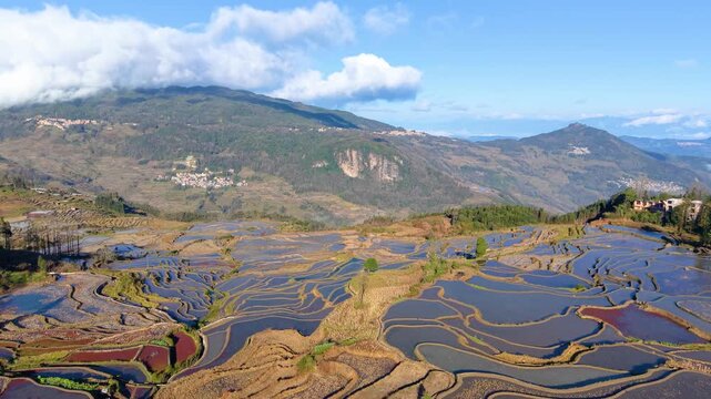 Aerial view of the terraced fields in Yuanyang, Yunnan Province