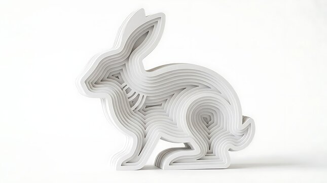 Minimalist 3D paper cut layered rabbit outline on white background