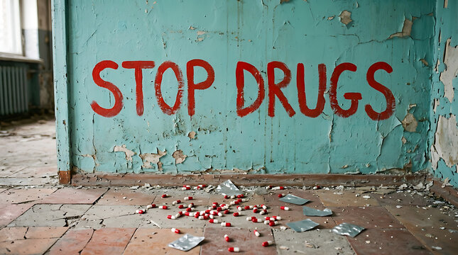 Impactful 'STOP DRUGS' message spray-painted on a decaying wall, urging the removal of devastating substance abuse