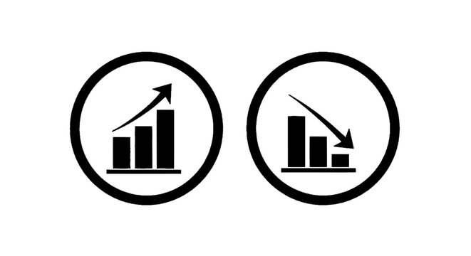 Minimal black silhouette icon, simple flat vector, bold black shape, no, no shading set of bar chart icons with upward and downward trend arrows on a, flat icon style