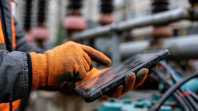 Technician using rugged tablet for electrical substation inspection