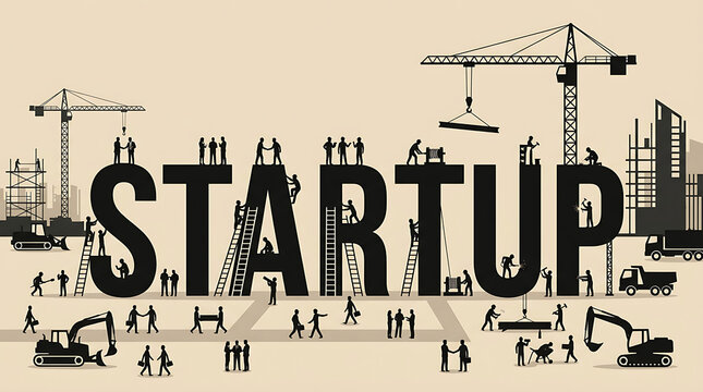 Startup Construction Concept with People Working on Building the Word Startup