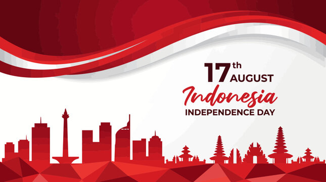 Indonesia independence day 17th August banner with red and white background and city skyline.