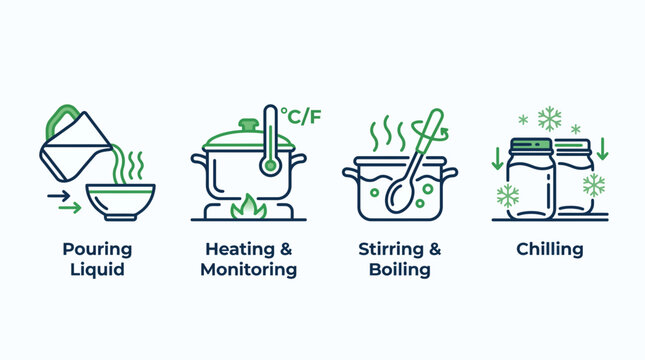 Kitchen cooking process icons for liquid preparation, heating, stirring, and chilling steps.