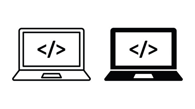 Laptop computers with code symbols representing web development and software engineering.