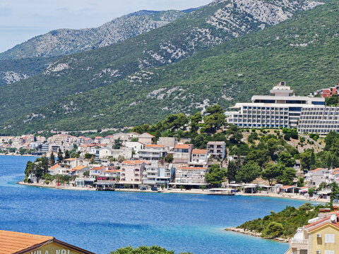 Panoramic View of the Scenic Coastal Town of Neum Along the Blue Adriatic Sea Coastline